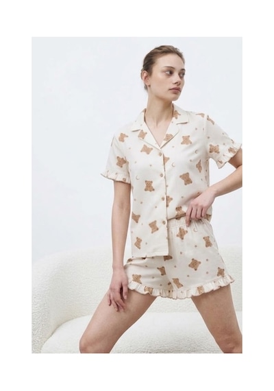 Fit Women Kadın Premium Fırfırlı Kar Beeyaz Pijama Takımı Kar Beyaz