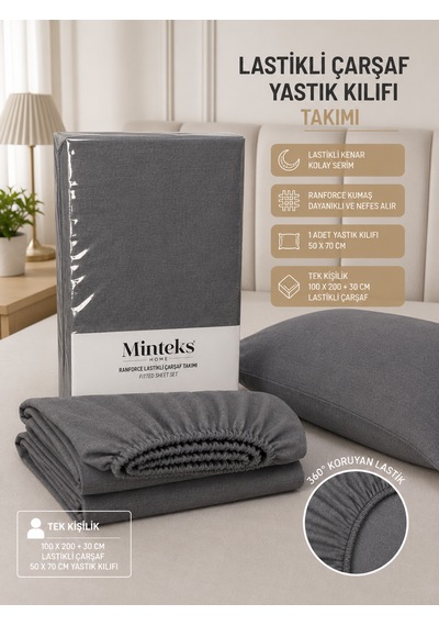 Minteks Ranforce Tek Kişilik Fitted Lastikli Çarşaf Seti Gri