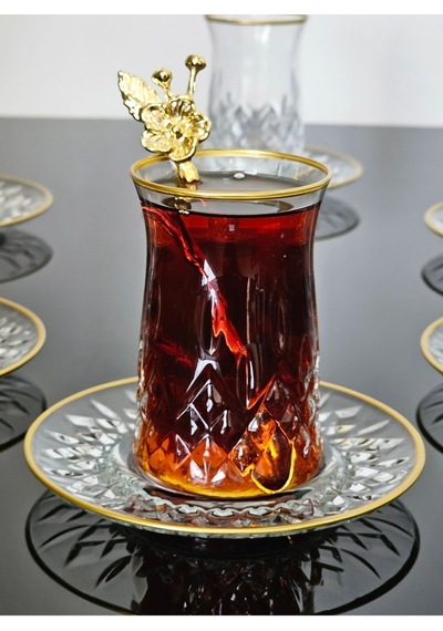 Atabey Home Collection 18 Parça Odin Çay Seti Japon Gülü Çay Kaşikli Cam Tabakli Gold Detayli