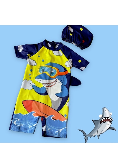 Lolliboomkids Erkek Çocuk Kısa Kol Sırt Fermuar Sevimli Jaws Surfer Desen Hipster Yüzücü Mayo Bone Hediyeli Lacivert - Sarı Lolliboomkids Erkek Çocuk Kısa Kol Sırt Fermuar Sevimli Jaws Surfer Desen Hipster Yüzücü Mayo Bone Hediyeli Lacivert - Sarı
