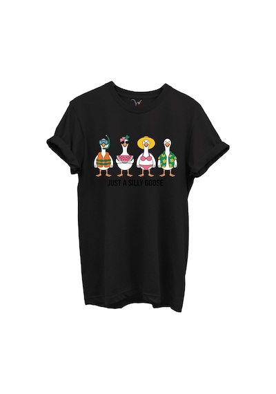 Just A Silly Goose Yazılı Eğlenceli Kaz Karakterleri Baskılı %100 Pamuk Regular Fit Unisex T-shirt Siyah