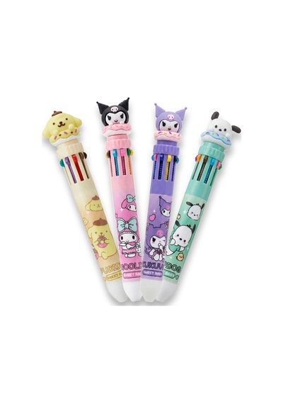 Tek Kalem 10 Renk- Sanrio Karakter Basmalı 10 Renkli Tükenmez Kalemler-4 Kalem Birarada Çok Renkli