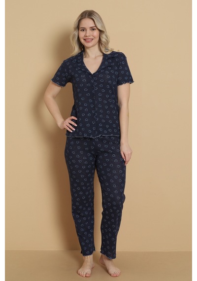 Wordex Mirano 1711 Kalp Desenli Pointel İnce Kumaş Düğmeli Kısa Kollu Kadın Pijama Takımı Lacivert Wordex Mirano 1711 Kalp Desenli Pointel İnce Kumaş Düğmeli Kısa Kollu Kadın Pijama Takımı Lacivert