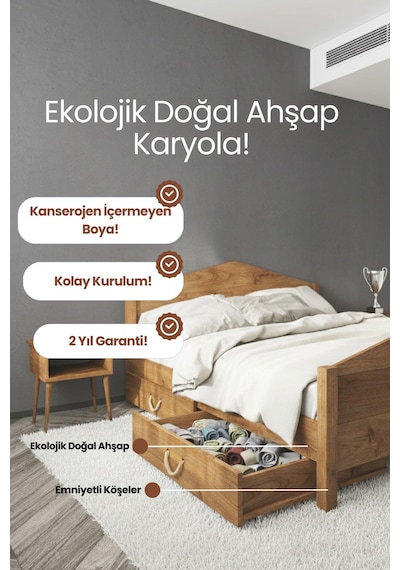 Mi Lano Piramit 2 Çekmeceli Masif Ahşap Karyola Vernik 100x200