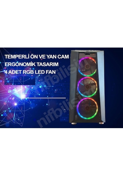 Nif Bilişim 4 Adet Rgb Işıklı Fanlı Oyuncu Gamer Bilgisayar Kasası Temper Camlı Psu Hariç