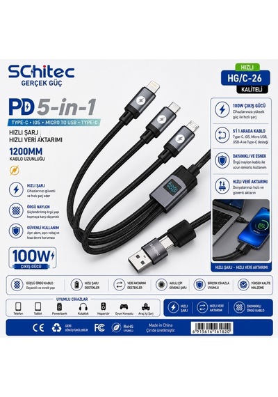 Schitec 5in1 100w Dijital Göstergeli Type-c Ve Usba Girişli Micro Type-c Lightning Çıkışlı Hızlı Şarj Ve Data Kablosu 1.2m Hg/c-26