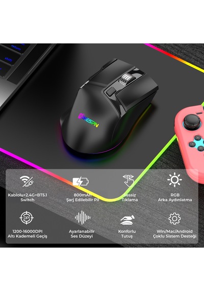 Mkespn W13 Dual Mode Gaming Mouse 10000 Dpı 10 Tuş 1000hz Rgb - Siyah