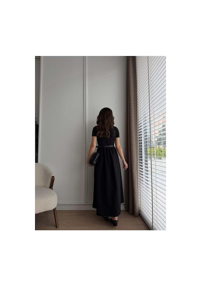Unika Boutique Acı Kahve Kendinden Kemerli Alt Poplin Kumaş Elbise Siyah