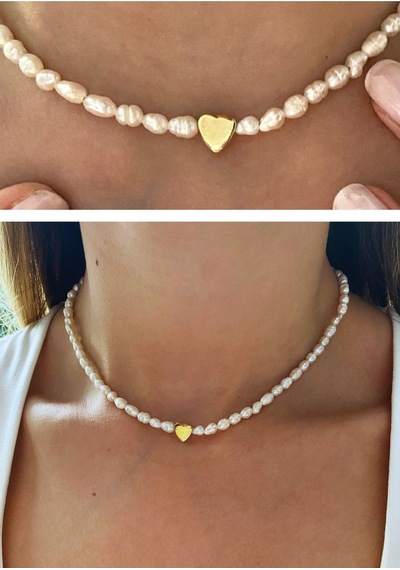 Vogutima 3 MM Kum Arpa Inci Kalpli Işıklı Kutuda Sevgiliye Eşe Choker Kadın Gümüş Kolye