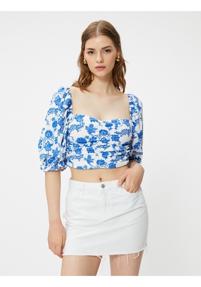 Koton Crop Bluz Kalp Yaka Gipeli Mavi Desenli 3sak80180ek
