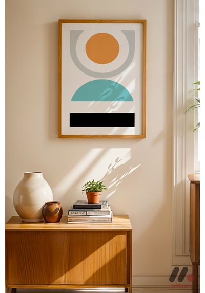 Minimal Geometrik Kompozisyon, Ahşap Çerçeveli Duvar Tablosu - Modern Ev Dekorasyonu
