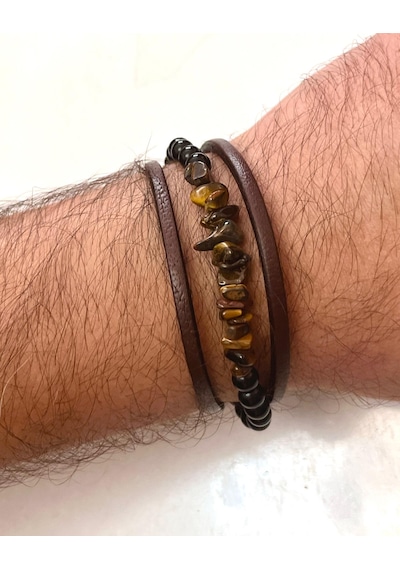 Kaplan Gözü,oniks Hakiki Deri İle Türk Yapımı Erkek Bileklik 21cm