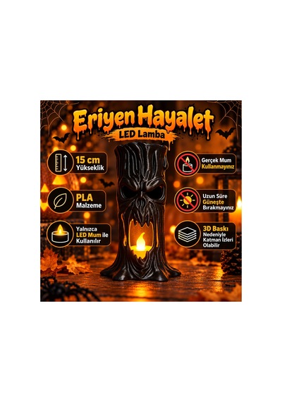 Eriyen Hayalet Led Mumlu Lamba 15 Cm - Dekoratif Halloween Gece Lambası Siyah Siyah