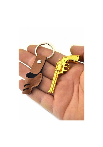 45 Lik Toplu Kovboy Tabancası Taba Kılıflı Anahtarlık - Gold Görü