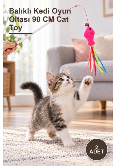 2 Adet Balıklı Kedi Oyun Oltası 90 Cm Cat Toy