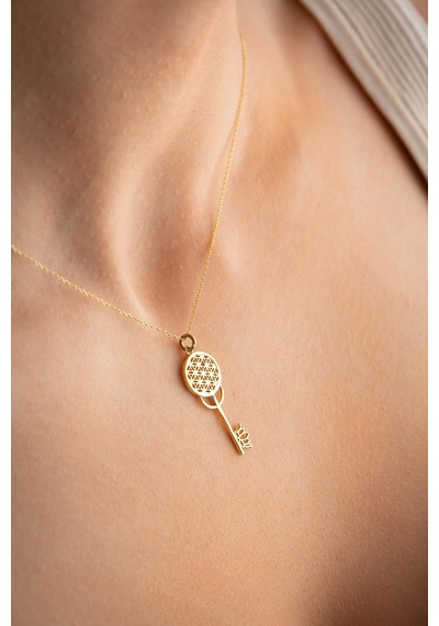 925 Ayar Gümüş Gold Kaplama Lotus Çiçeği Detaylı Anahtar Kolye Gold