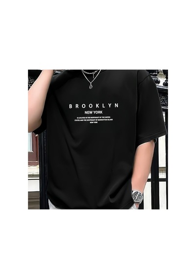 Caddemia Yaz Moda Rahat Gevşek Büyük Brooklyn Mektup Desen Baskılı Yuvarlak Yaka Kısa Siyah 2XL Caddemia Yaz Moda Rahat Gevşek Büyük Brooklyn Mektup Desen Baskılı Yuvarlak Yaka Kısa Siyah 2XL