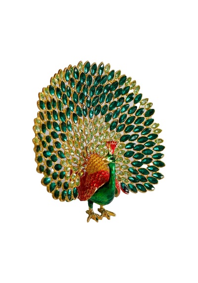 Kristal Taşlı Metal Tavus Kuşu Biblo, El İşçiliği Dekoratif Figür, 17x16 Cm, Yeşil Diğer