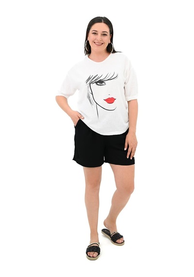 Kadın Büyük Beden Yüz Baskılı T-shirt 1788-25 001