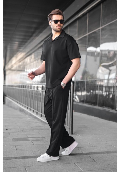 Madmext Siyah Polo Yaka Erkek Alt Üst Takım E7356 Siyah