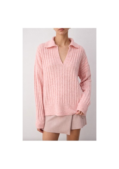 Maison Velora Kadın Pembe Polo Yaka V Yaka Fitilli Oversize Triko Kazak Pudra Pudra