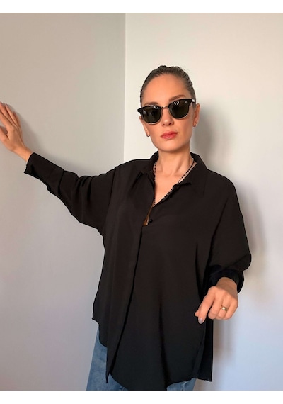 Ali Butik Siyah Gizli Düğmeli Oversize Saten Gömlek Siyah