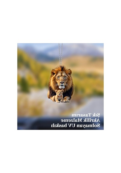 Aslan Figürlü Araba Ayna Süsü - Uv Baskılı Pleksi Malzeme Açık Gri