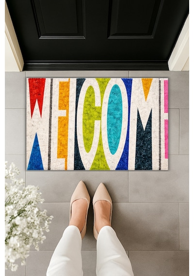 Rugmood Modern Dijital Baskı - Popüler Renkli Welcome - Kapı Önü Paspası Çok Renkli