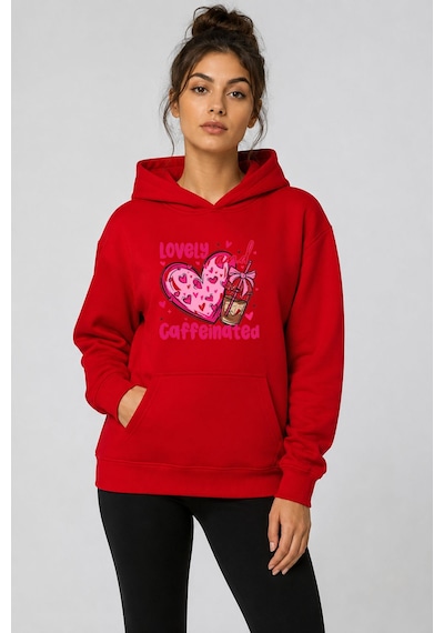 Herkesemoda Lovely Baskılı Kapüşonlu 2 İplik Şardonlu Sweatshirt Kırmızı