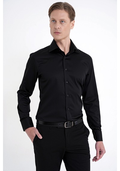 Slim Fit İtalyan Yaka %100 Pamuk Saten Düz Siyah Gömlek Gk 759