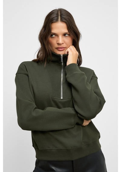 Grimelange Endora Kadın Yumuşak Polarlı Kumaşlı Yakası Fermuarlı Regular Haki Sweatshirt Haki