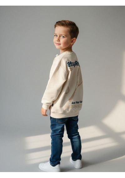 Zekids Erkek Çocuk Pamuklu Stay Yazılı İnce Uzun Kollu Sweatshirt-16334 Taş