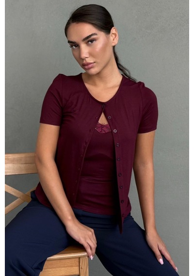 Madmext Bordo Dantel Detaylı Slim Fit Kısa Kol Kadın Hırka Mg2710