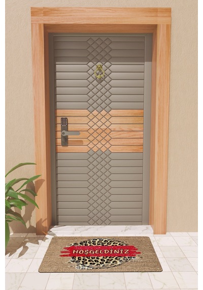 Rugmood Modern Dijtal Baskı Kırmızı Hoşgeldiniz Leopar Kapı Önü Paspası Çok Renkli