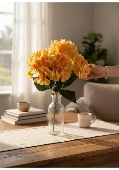 Yapay Çiçek Islak Ortanca Çiçeği Somon 45cm 5dal Islak Gerçeksi Dokulu Turuncu
