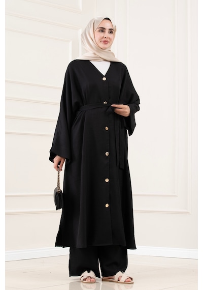 Sevitli Düğmeli Davin Abaya İkili Takım-siyah-5877