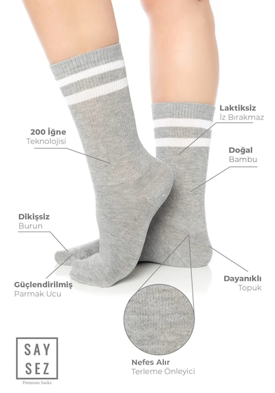 Saysez Bambu Unisex Tenis Kolej Çizgili Gri M. Dikişsiz Soket Çorap 3'lü Gri Melanj