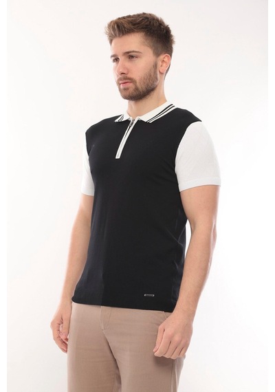Fore Sport Tişört Kısa Kol Triko Polo Yaka Fermuarlı Siyah Beyaz