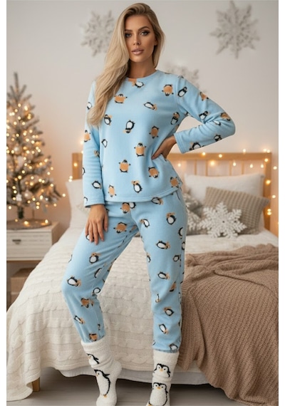 Siyah İnci Polar Kışlık Örme Pijama Takım 25222107 mavi