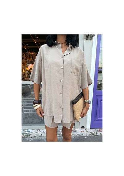 Nido Moda Kadın Cepli Oversize Gömlek Ve Beli Bağcıklı Şort İkili Takım Bej
