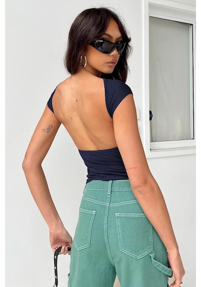 Madmext Lacivert Sırt Dekolteli Crop Kadın Bluz Mg1851-lacivert Lacivert