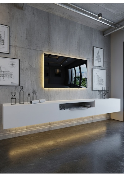 Resital Ledli Duvara Monte Tv Sehpası - Beyaz - W6016-1 Beyaz