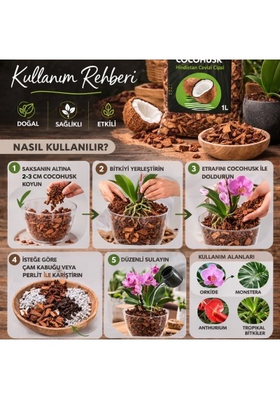 Bykurt Cocohusk 1l Hindistan Cevizi Cipsi Orkide Bakımı Ve Kök Gelişimi İçin Doğal Malzeme 1 Litre