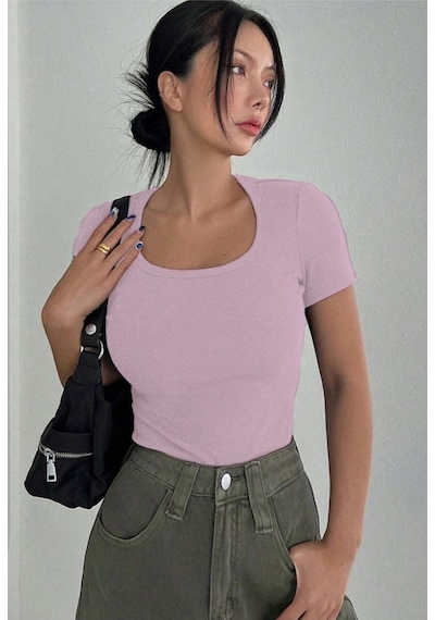 Rooted Kadın Kare Yaka T-shirt & Bluz , Likralı Fitilli Kaşkorse Kumaş Pembe