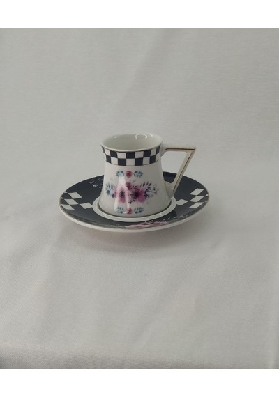 Juvıa Concept Beyaz Üzerine Pembe Çiçek Desenli Kenarları Dama İşlemeli 6'lı Türk Kahvesi Fincan Takımı Desenli