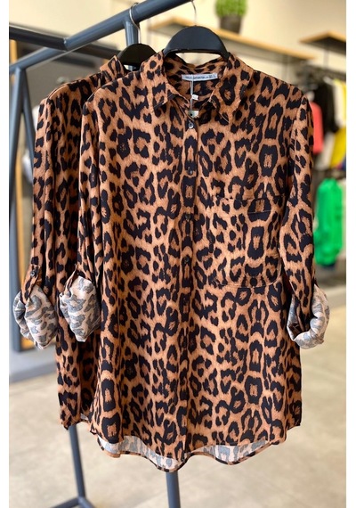 Femelle Kadın Tek Cepli Katlanır Kol Leopar Desen Viskon Salaş Dökümlü Gömlek kahverengi Femelle Kadın Tek Cepli Katlanır Kol Leopar Desen Viskon Salaş Dökümlü Gömlek kahverengi