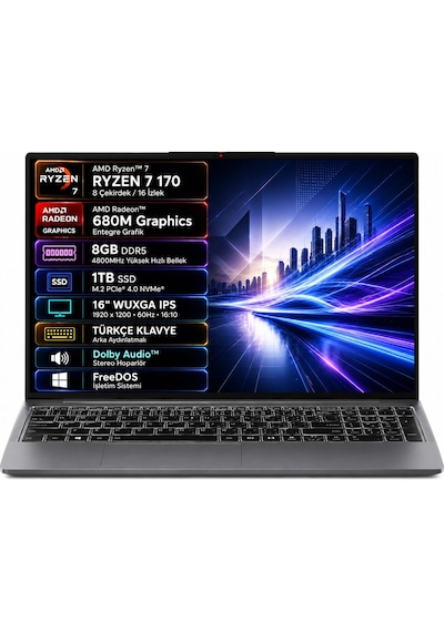 Lenovo IdeaPad Slim 3 (16", 10) 83K800DKTR-01 R7-170 8 GB 1 TB SSD 16" Free Dos Dizüstü Bilgisayar