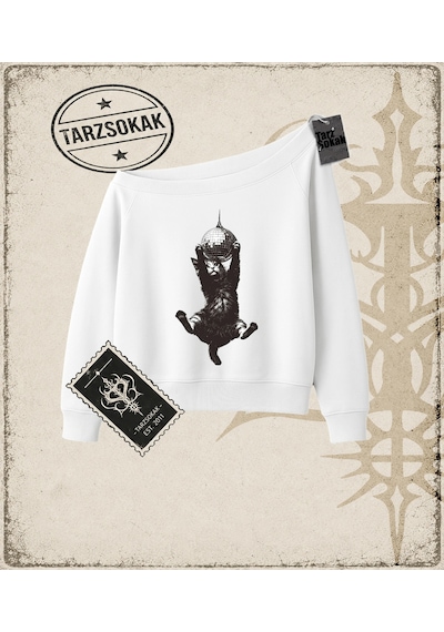 Tarzsokak Gotik & Grunge Streetwear Cat Retro 6 Kayık Yaka Sweatshirt Beyaz