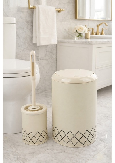 Geometrik Zikzak Desenli 2'li Banyo Seti Krem
