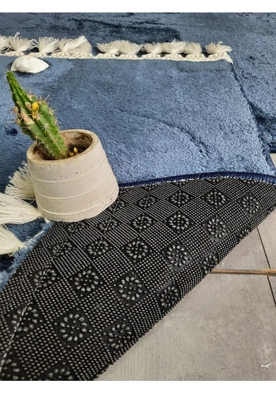 Elite Lacivert Ponpon Saçaklı Peluş 2'li Banyo Paspası, 60x100 Cm, Kaymaz Taban Diğer